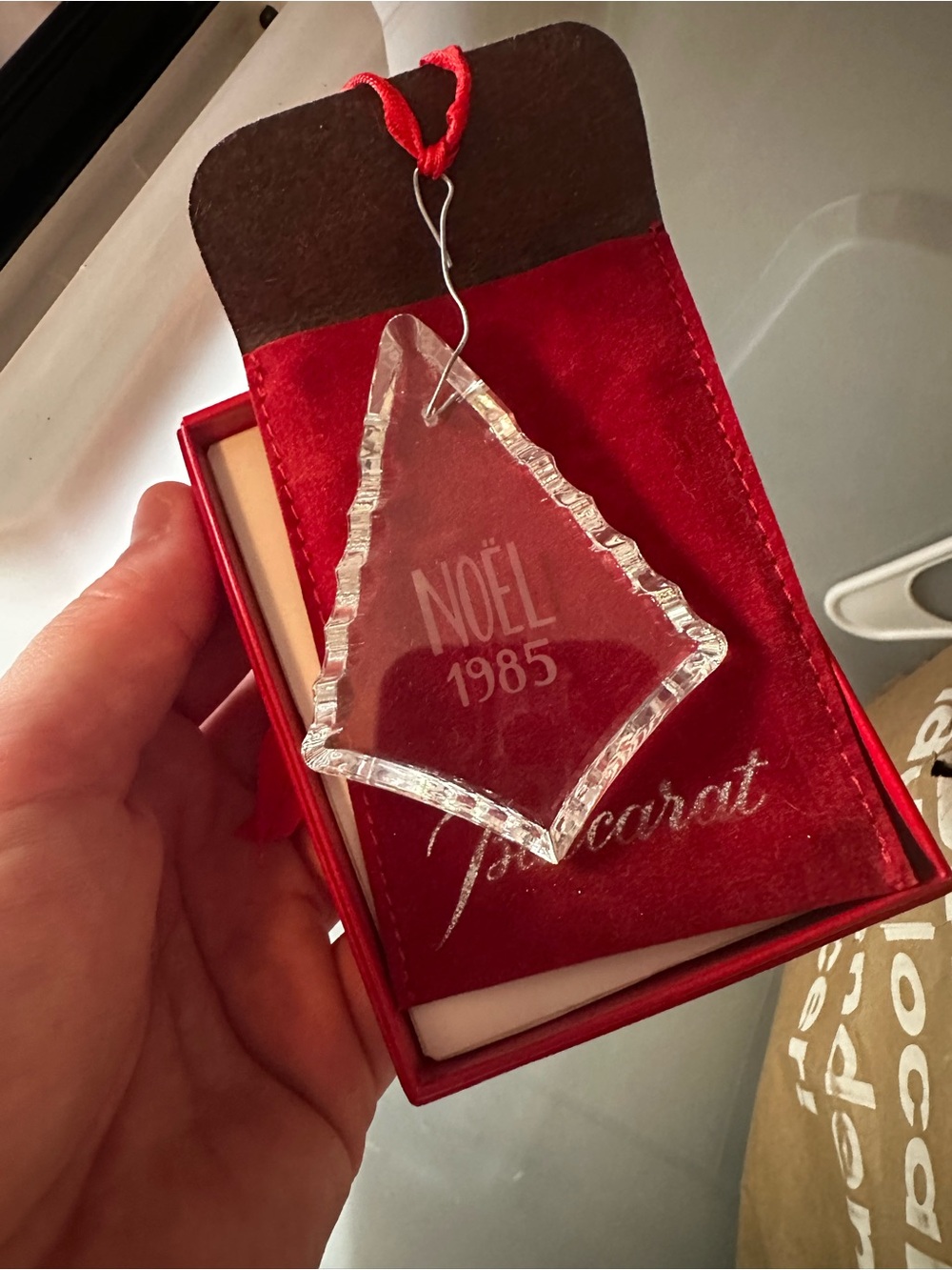 Baccarat Clear Crystal Noël 1985 Ornament with Red Ribbon